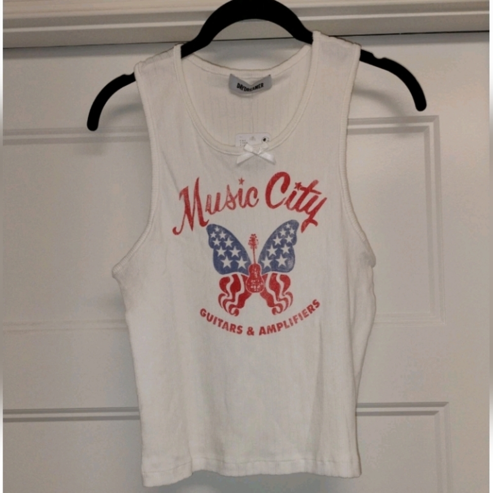Daydreamer Women's White Tank Top with Red & Blue Music City Design Size XL New